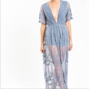 Dusty Blue Wild Honey Lace Maxi Romper
